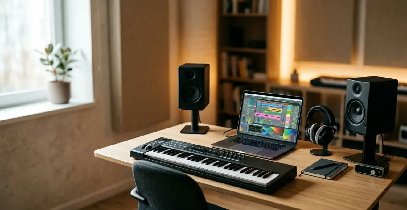 Professional composer working in modern DAW environment with MIDI controller and orchestral samples