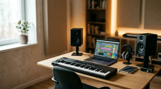 Professional composer working in modern DAW environment with MIDI controller and orchestral samples