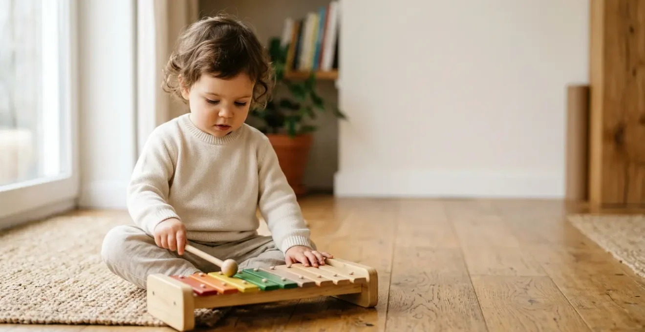 Young child engaging with musical instruments showing brain development through music