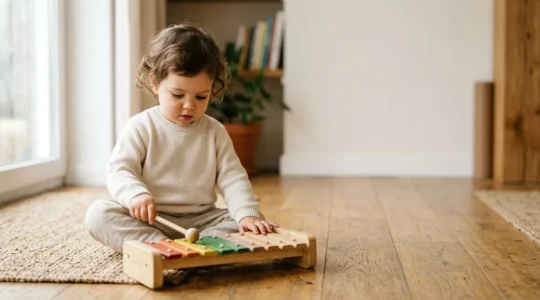 Young child engaging with musical instruments showing brain development through music