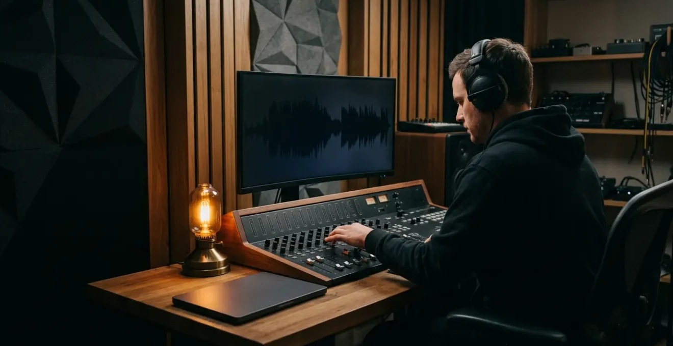 Music producer working in dimly lit studio environment with minimal equipment