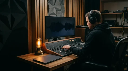Music producer working in dimly lit studio environment with minimal equipment