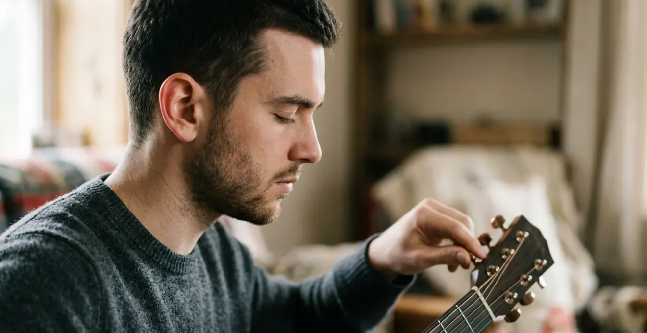 Close-up of a musician's ear and focused expression while tuning an instrument by pure listening