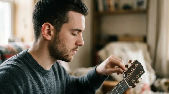 Close-up of a musician's ear and focused expression while tuning an instrument by pure listening