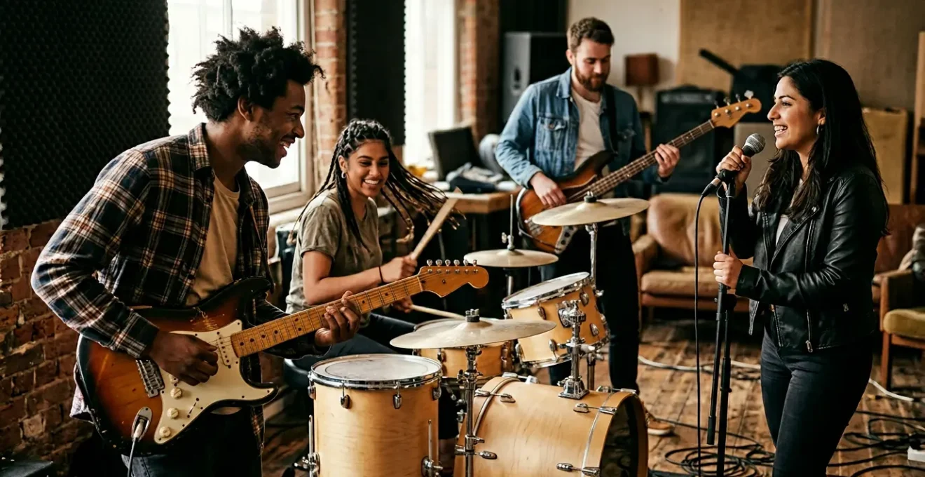 Musicians collaborating together during an energetic band rehearsal session