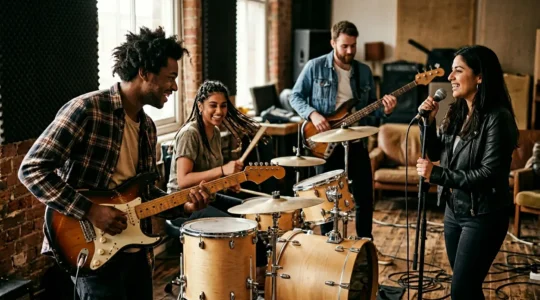 Musicians collaborating together during an energetic band rehearsal session