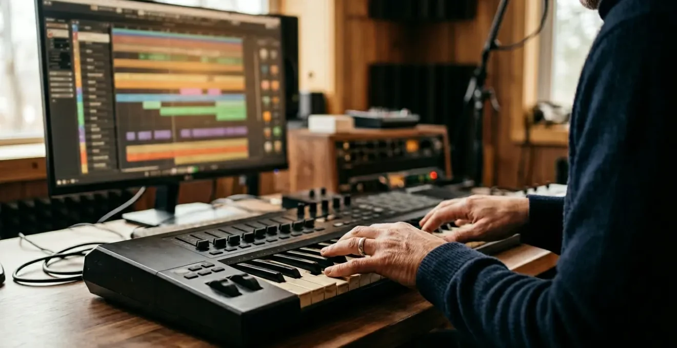 Professional composer arranging orchestral music using digital audio workstation and MIDI keyboard controller