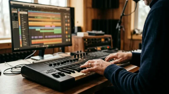 Professional composer arranging orchestral music using digital audio workstation and MIDI keyboard controller
