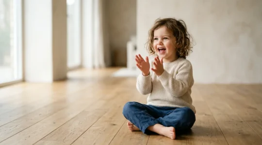 A young child actively engaged in a musical activity, representing the contrast between passive listening and active participation in early learning