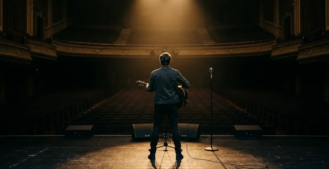 A musician standing confidently on an empty stage, captured from behind, with dramatic theatrical lighting creating an empowering atmosphere