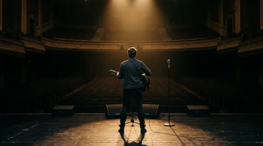 A musician standing confidently on an empty stage, captured from behind, with dramatic theatrical lighting creating an empowering atmosphere