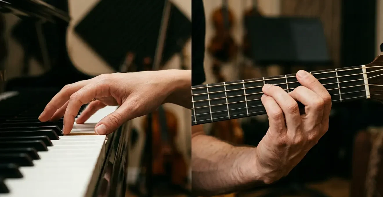 Close-up of skilled hands positioned over piano keys and guitar fretboard, emphasizing finger precision and motor coordination