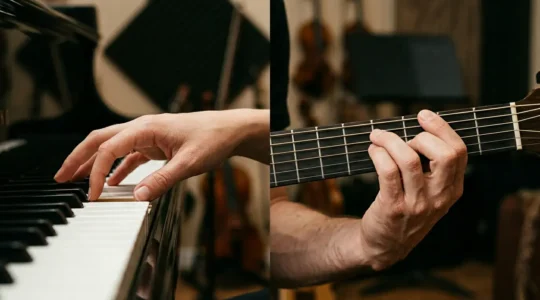 Close-up of skilled hands positioned over piano keys and guitar fretboard, emphasizing finger precision and motor coordination