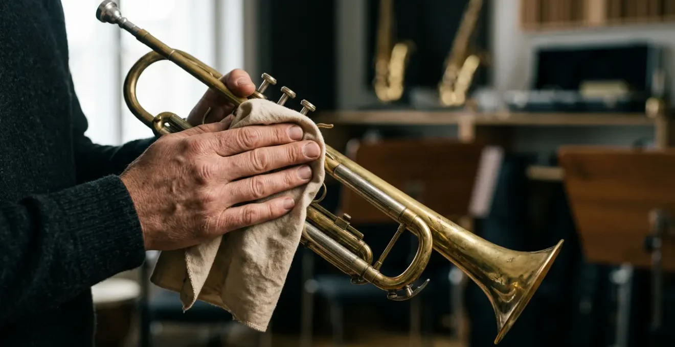Close-up of musician's hands performing post-practice instrument care ritual