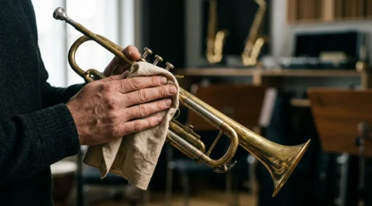 Close-up of musician's hands performing post-practice instrument care ritual