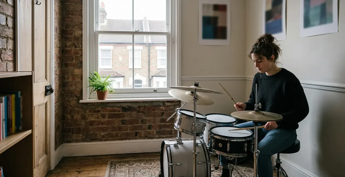 Drummer practicing on quiet electronic kit in compact urban home setting with sound isolation setup