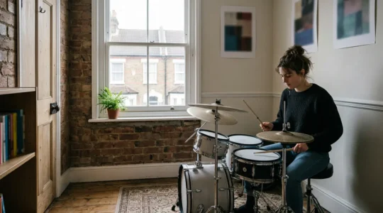 Drummer practicing on quiet electronic kit in compact urban home setting with sound isolation setup