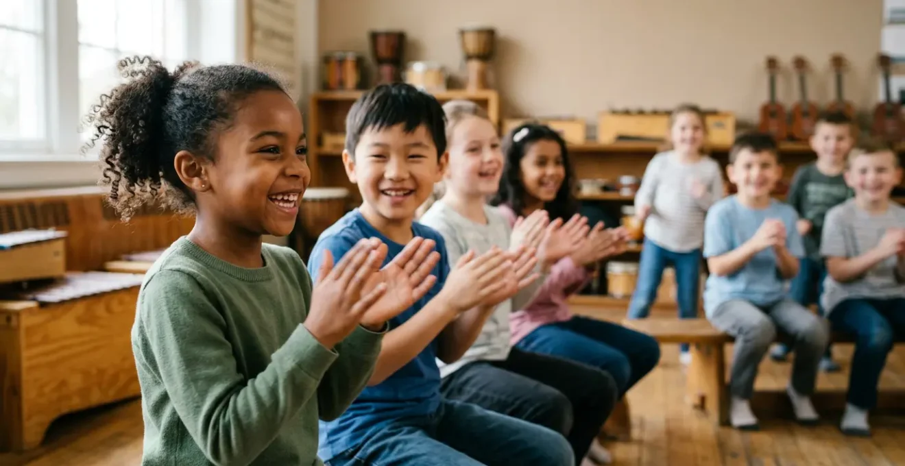 Children engaged in rhythmic movement and music education activities