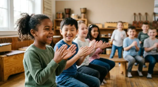 Children engaged in rhythmic movement and music education activities