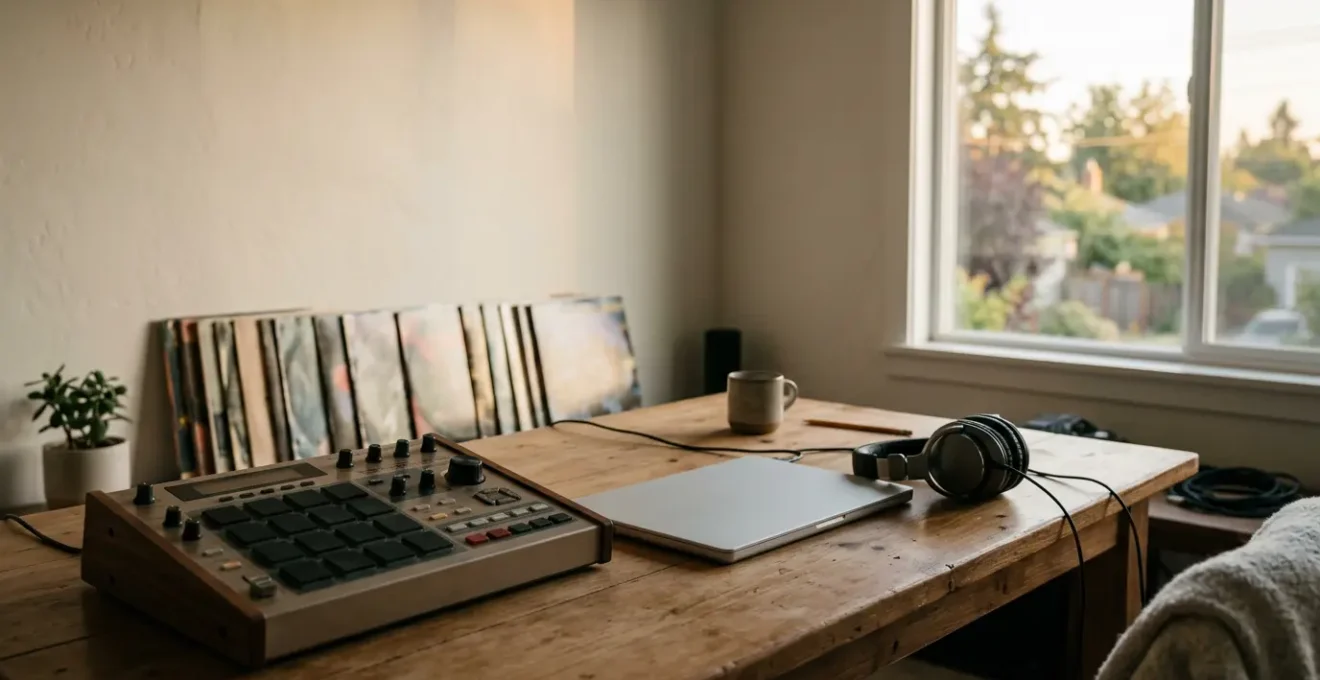 Professional music production scene showing sampling and synthesis workflow for hip-hop beat creation