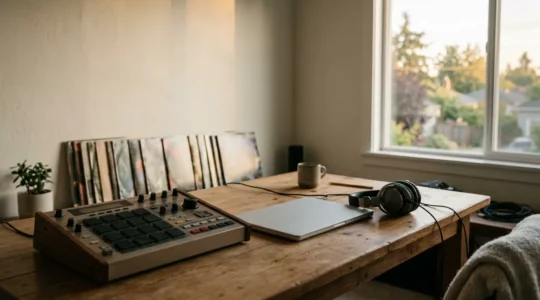 Professional music production scene showing sampling and synthesis workflow for hip-hop beat creation