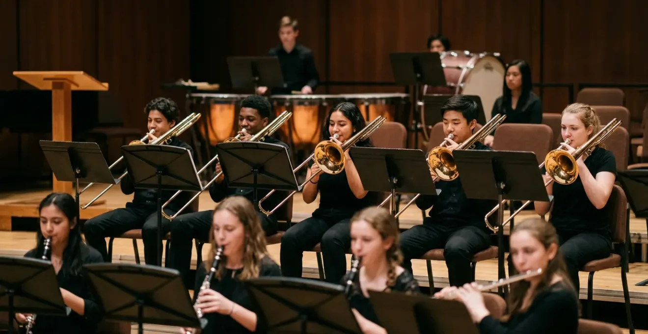 School band students performing together in an auditorium, showcasing teamwork and collective musical expression