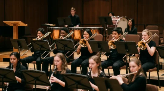 School band students performing together in an auditorium, showcasing teamwork and collective musical expression