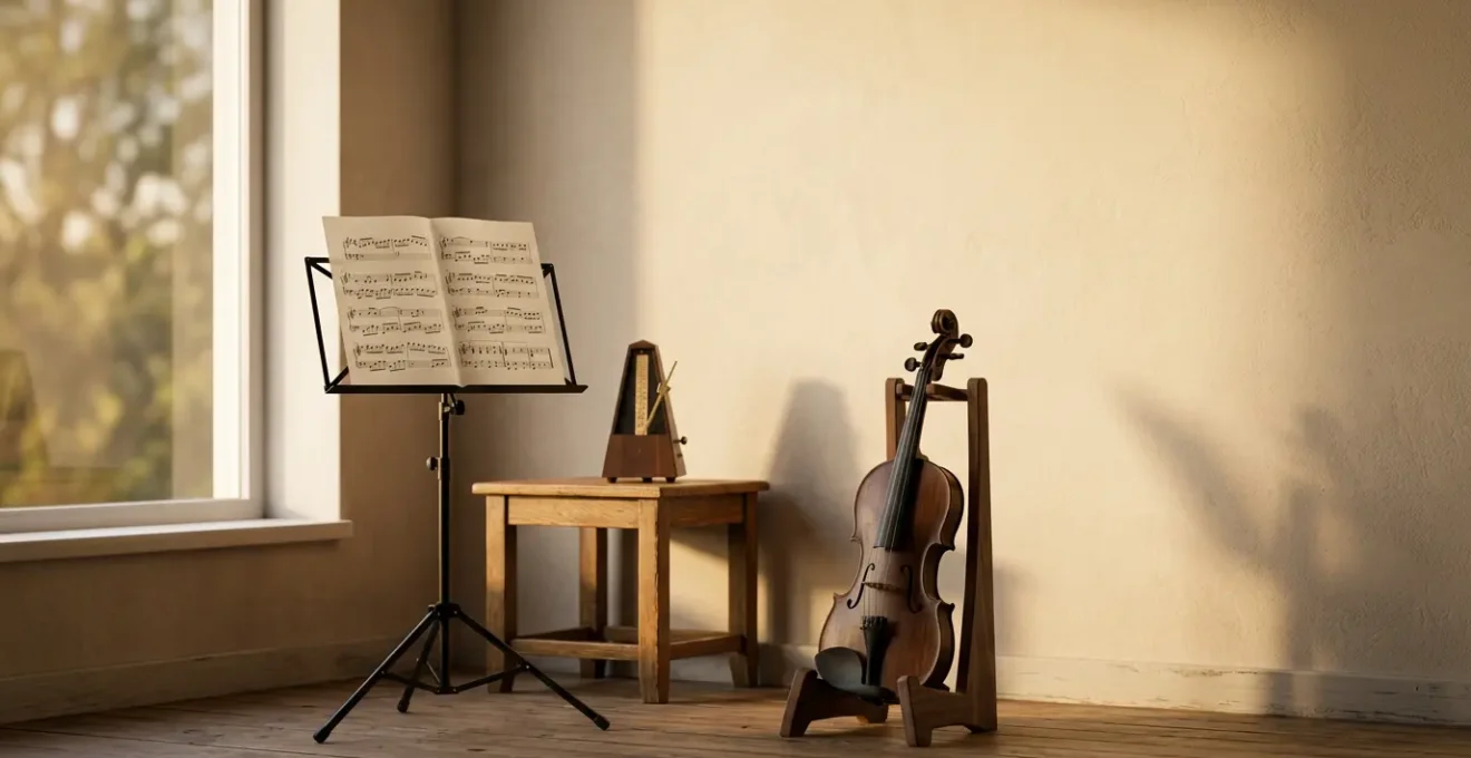 Musician's focused practice environment with instrument and minimal distractions