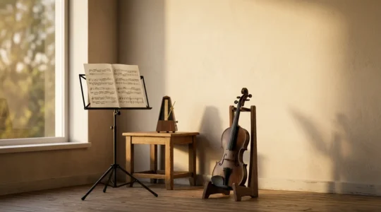 Musician's focused practice environment with instrument and minimal distractions