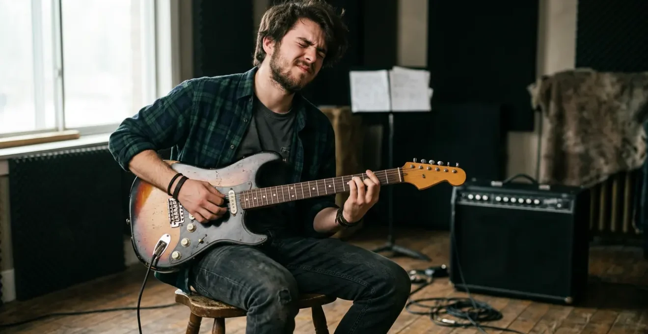 Teenager playing electric guitar with intense emotion in dimly lit rehearsal space