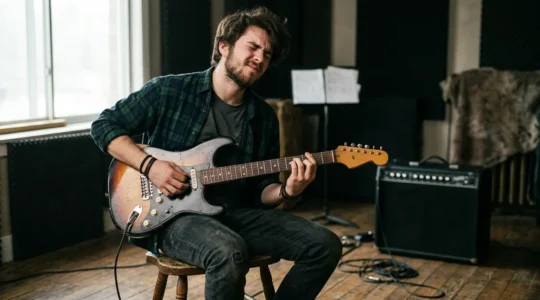 Teenager playing electric guitar with intense emotion in dimly lit rehearsal space