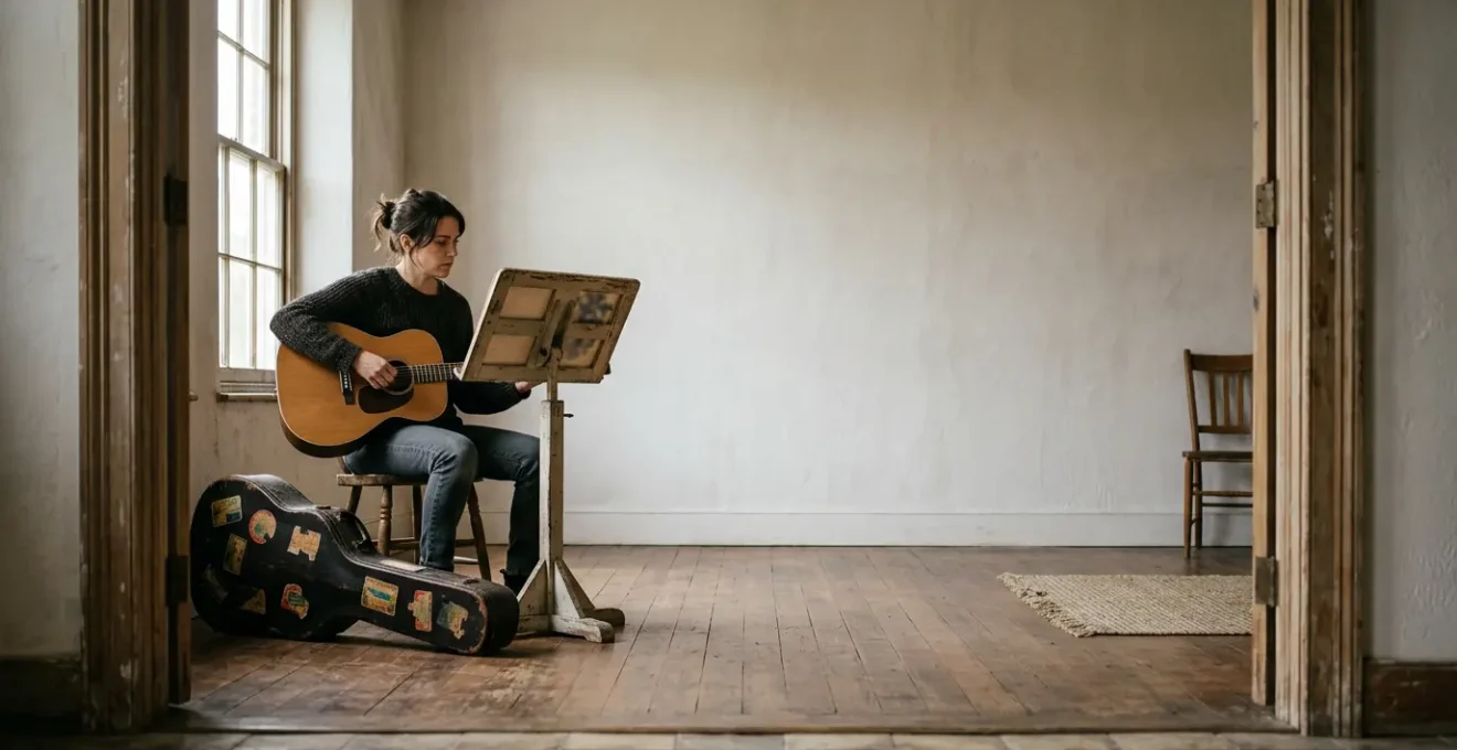 A musician's hands practicing on an instrument with worn practice materials in soft natural light