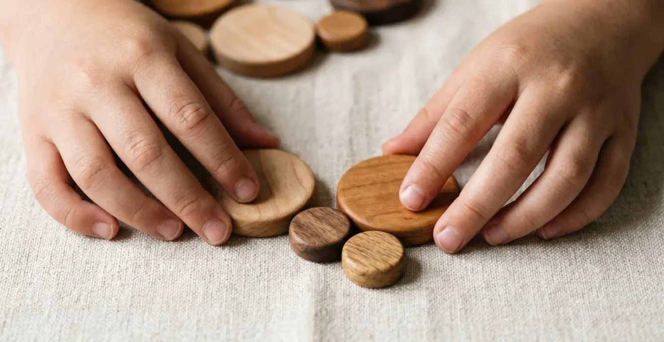Close-up of child's hands exploring musical patterns through tactile colored objects representing abstract symbol learning