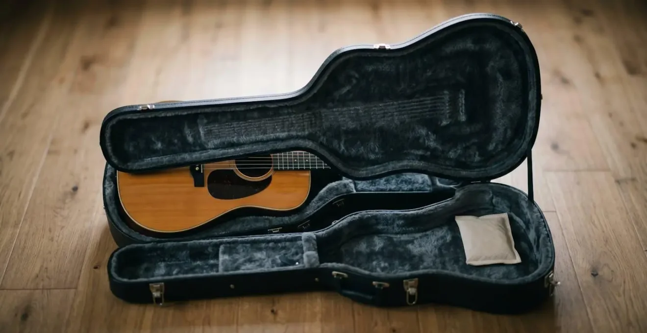 Wide shot of acoustic instrument case interior showing controlled storage environment