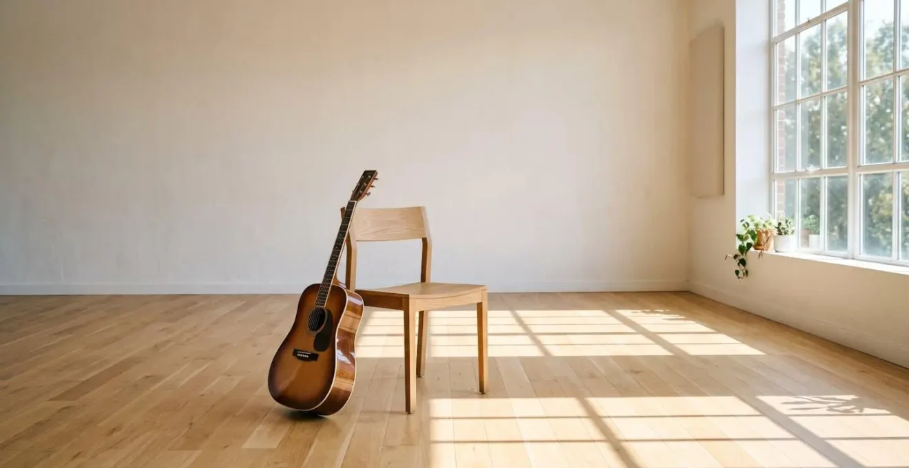 Environmental scene showing the contrast between active musical engagement and passive listening through spatial composition