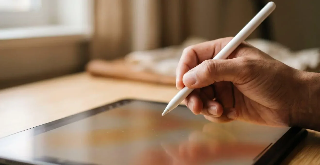 Apple Pencil hovering over iPad screen in music notation workflow showing ergonomic hand position