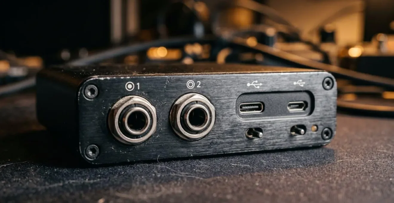 Professional mobile audio interface with dual output connections for live performance backup system