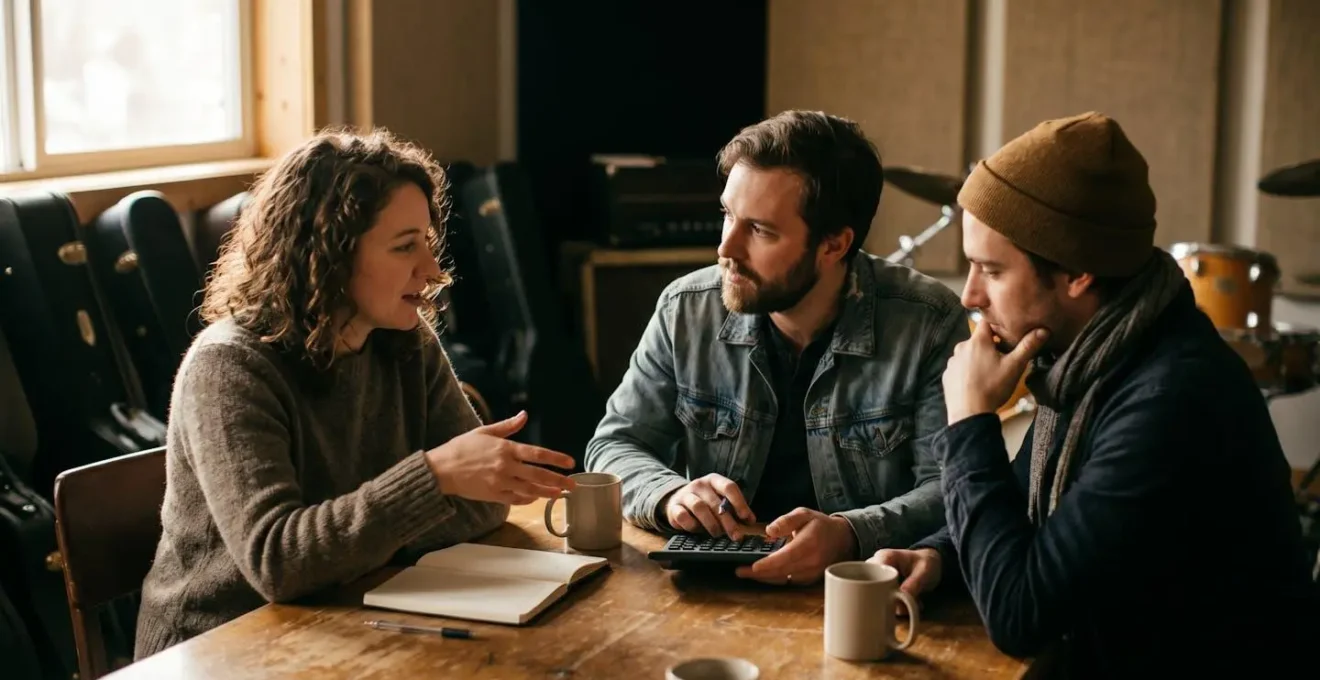 Musicians collaboratively managing band finances and shared expenses
