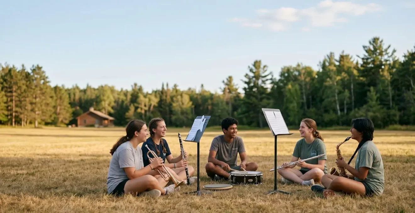 Small group of band students practicing together outdoors during band camp, demonstrating cross-section collaboration and friendship