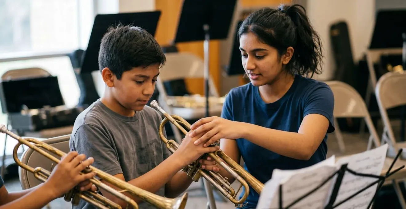 A teenage section leader demonstrating proper brass instrument technique to a younger band member during sectional rehearsal