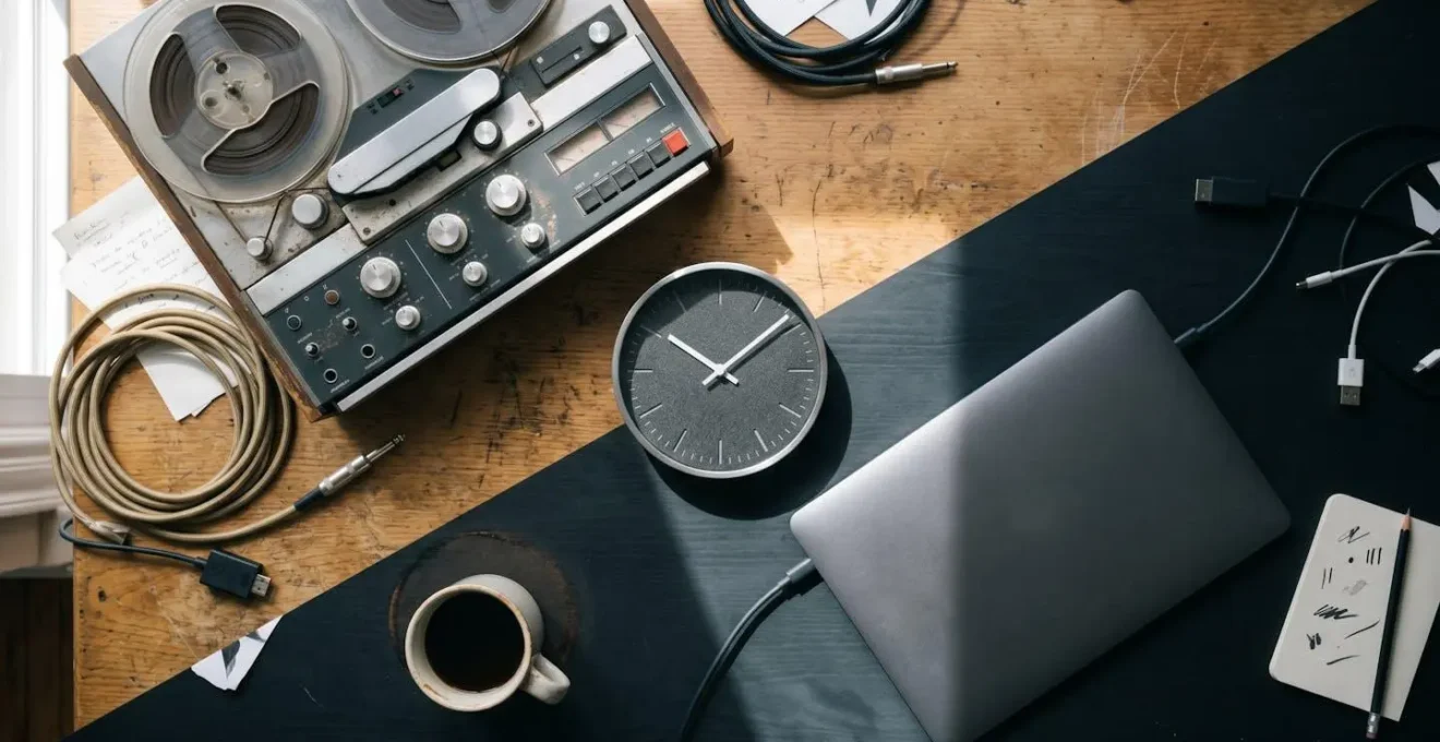 Overhead view of music production workspace with analog and digital equipment