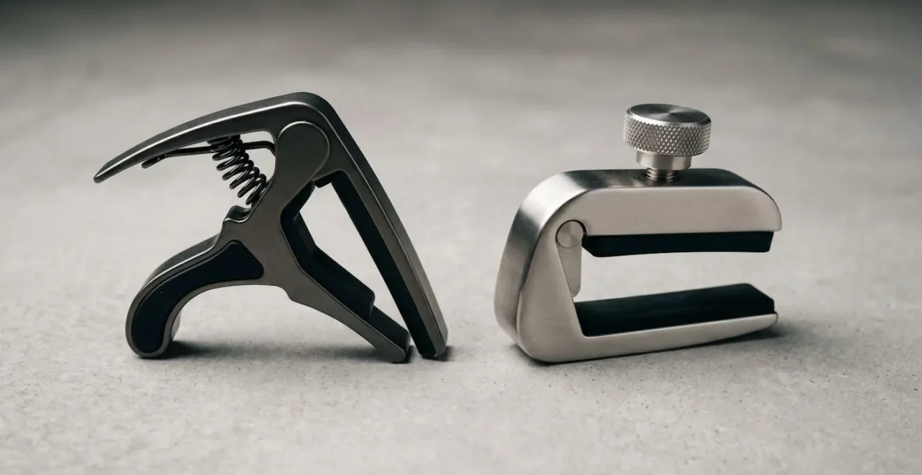 Detailed comparison of trigger capo and screw capo mechanisms on guitar neck
