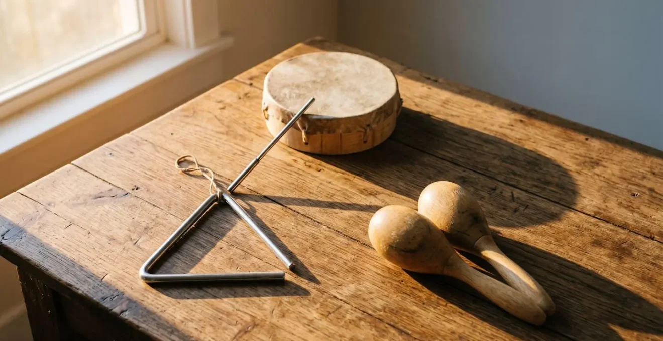 Young child using simple percussion instruments to craft unique sounds for storytelling characters