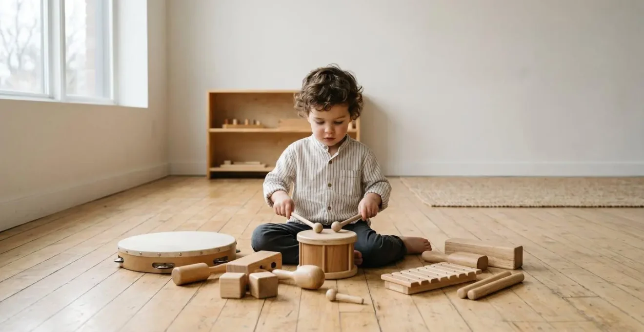 Toddler freely exploring various simple percussion instruments showing creative divergent thinking
