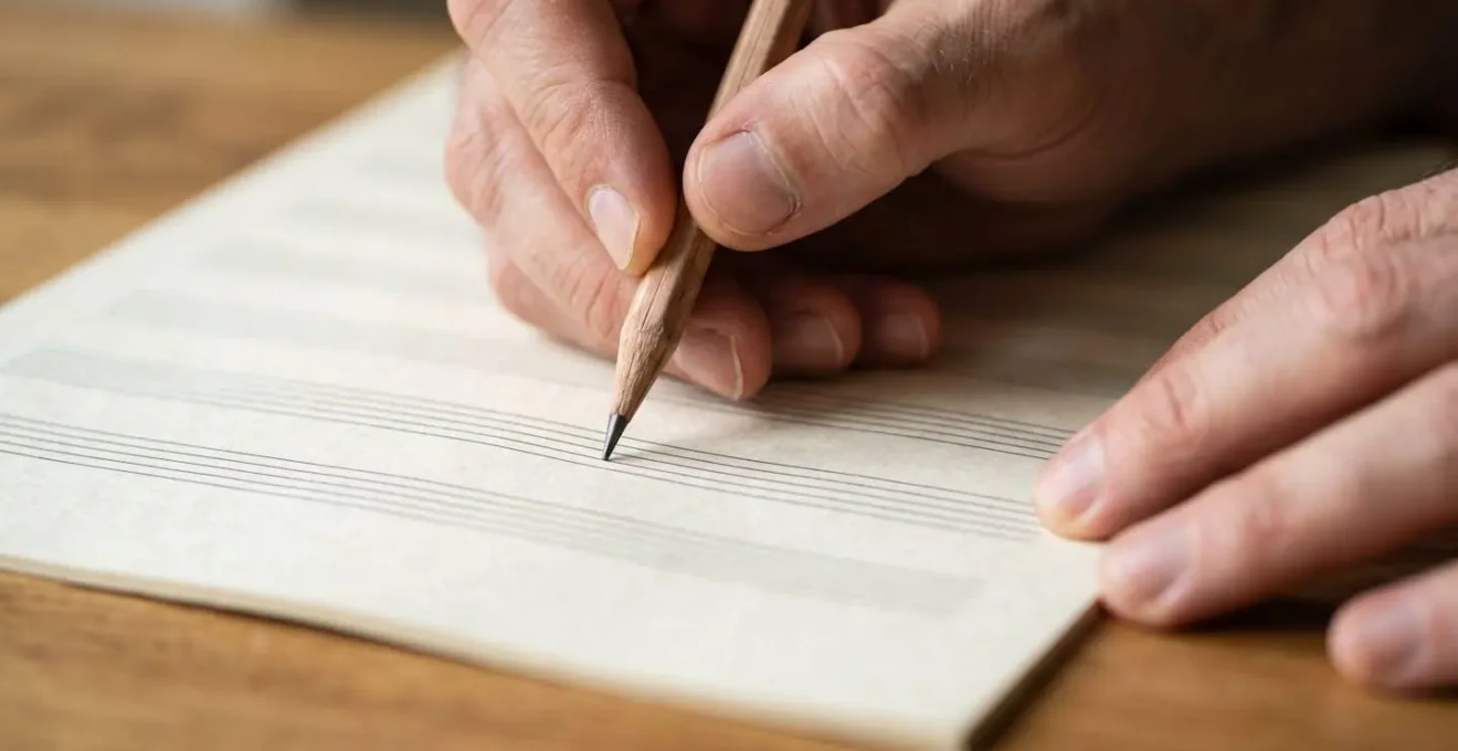 Close-up of composer's hands sketching musical ideas on blank staff paper with pencil