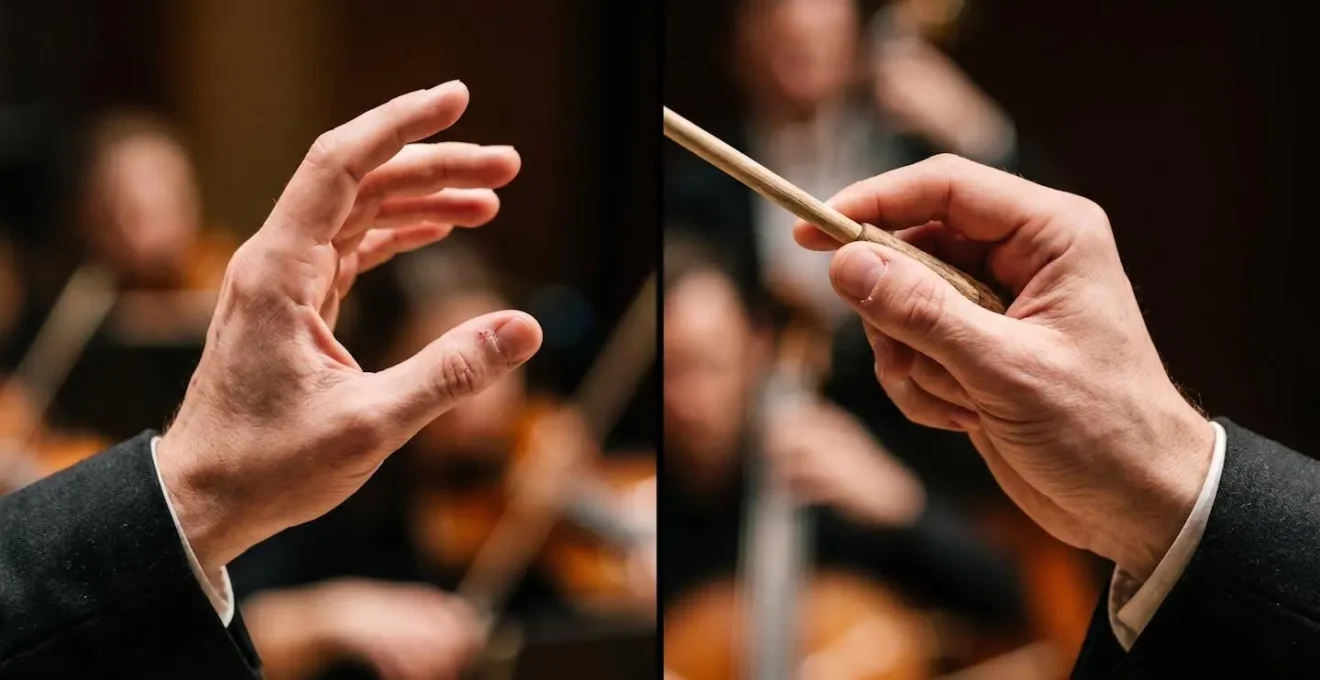 Close-up of a conductor's hands in contrasting gestures, one precise and rhythmic, the other flowing and expressive, demonstrating the dual language of leadership