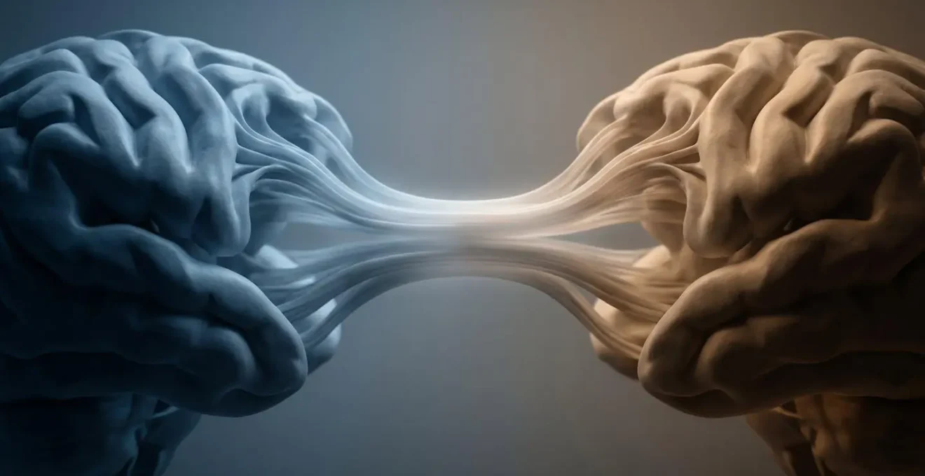 Abstract symbolic representation of brain hemispheres connected by illuminated neural pathways during bilateral coordination
