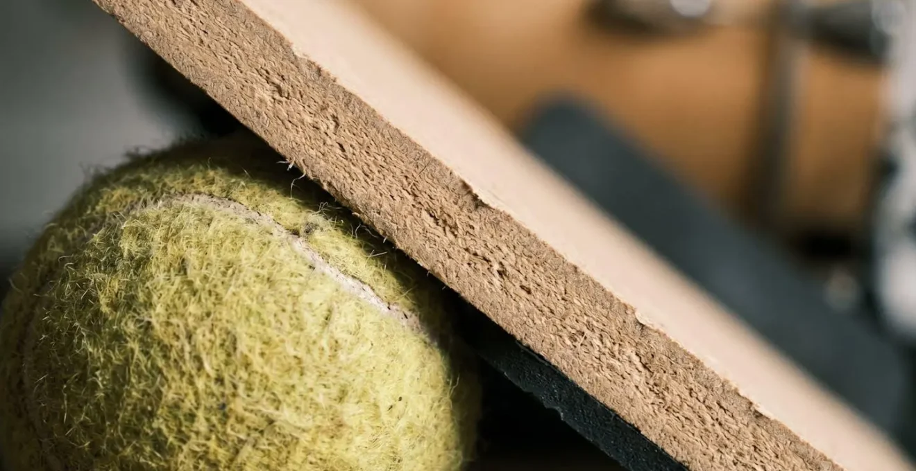 Close-up macro view of tennis ball drum platform construction showing vibration isolation layers