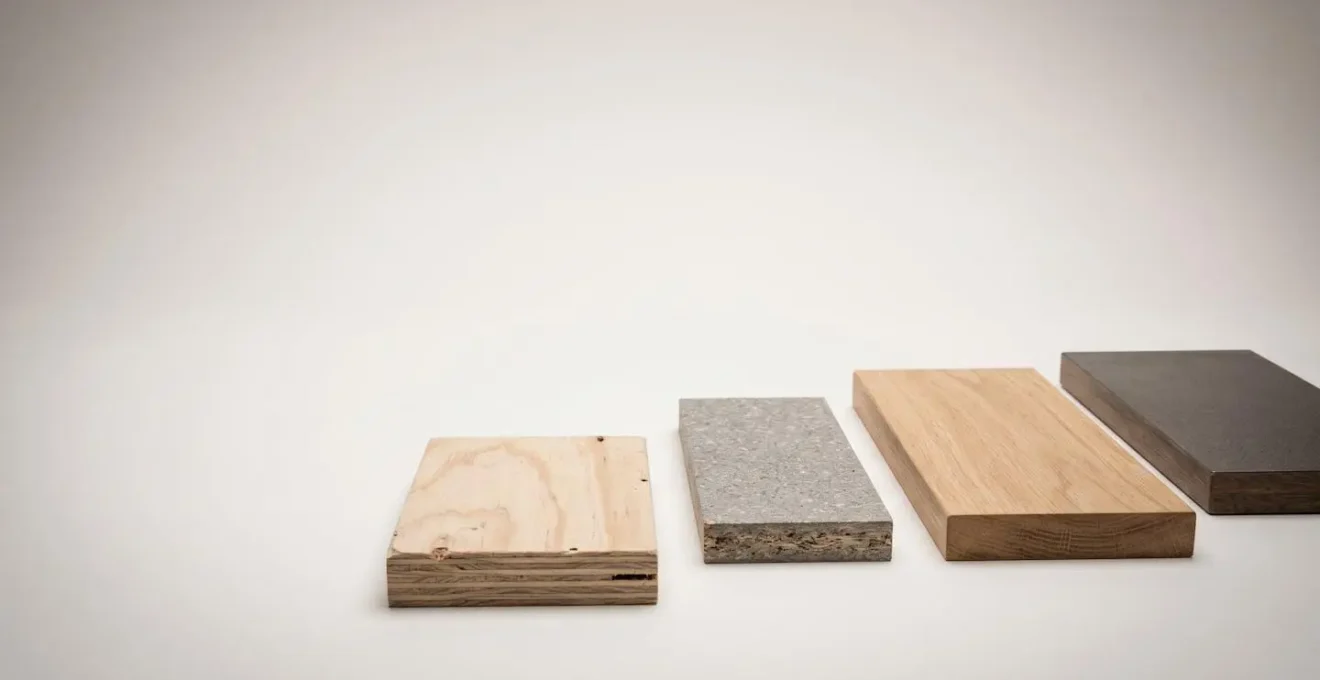 Wide minimalist composition showing different instrument case construction materials in natural studio setting with ample negative space