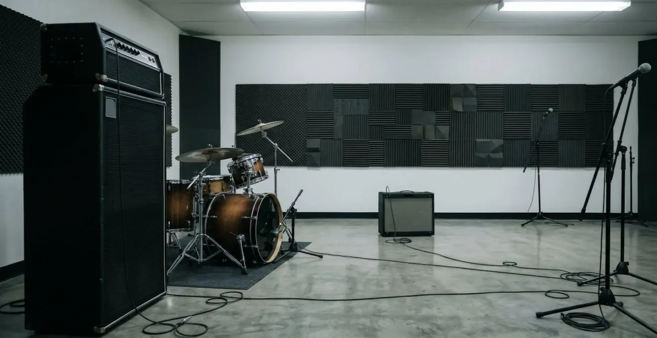 A wide environmental shot of a band rehearsal space, visually showing the guitar amp being sonically crowded out by the bass and drums.